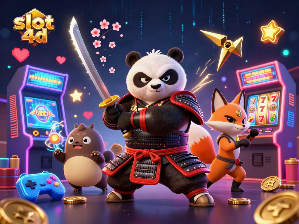 Gambarkan suasana permainan slot 4d dengan panda samurai dan rusa ninja dalam latar 3D yang menarik.