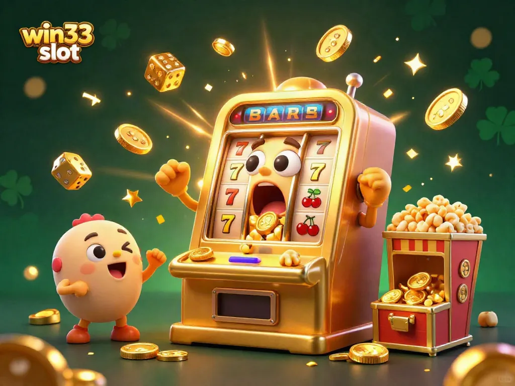 Enjoy an exciting jackpot scene with win33 slot, featuring a golden slot machine amidst a vibrant background.