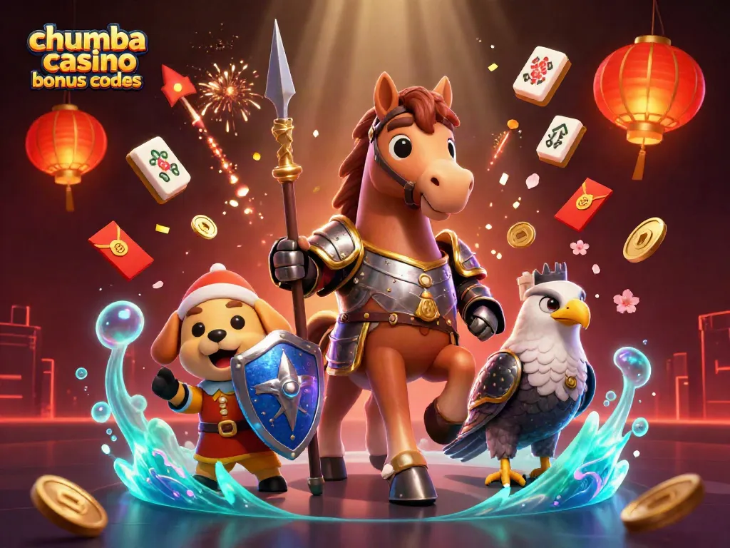Engage with Chumba Casino bonus codes for free play and bonuses illustrated with characters, festive elements, and dynamic casino imagery.