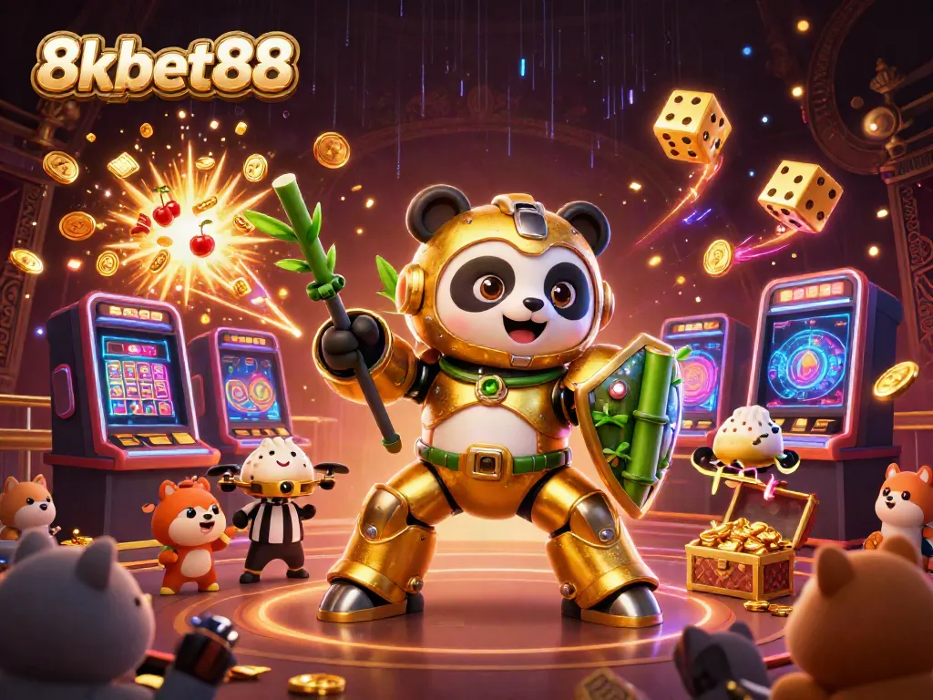 Experience thrilling excitement at 8xbet88 with a dynamic casino scene featuring a golden panda robot surrounded by engaging gameplay elements.