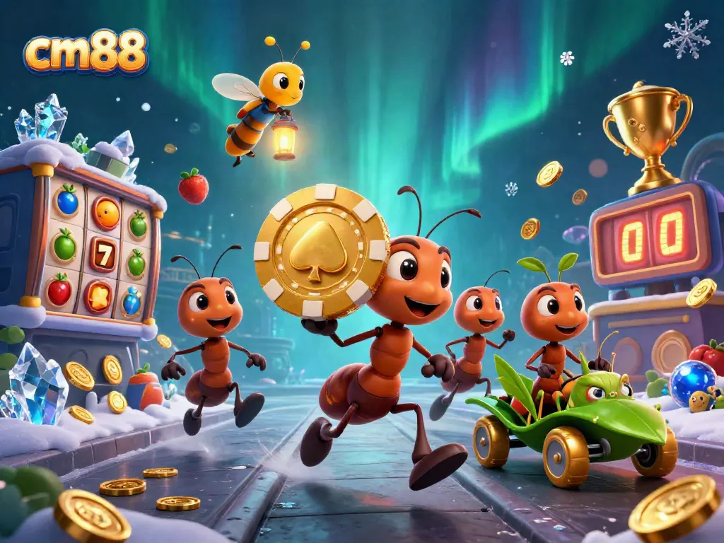 cm88 ants heist with golden poker chip in a vibrant casino tunnel scene filled with game elements