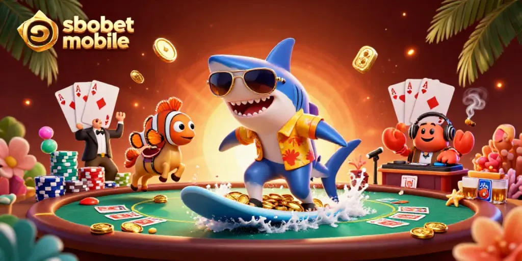 Experience sbobet mobile action with a cartoon shark surfing gold coins, clownfish, and crab DJ.