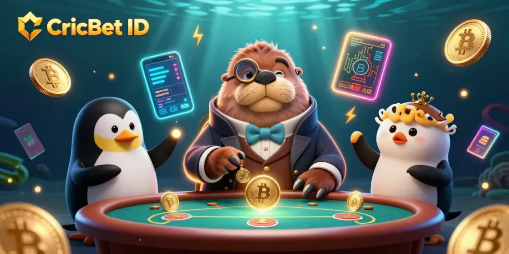 CricBet ID showcases a lively underwater poker scene with whimsical characters, engaging in betting action.