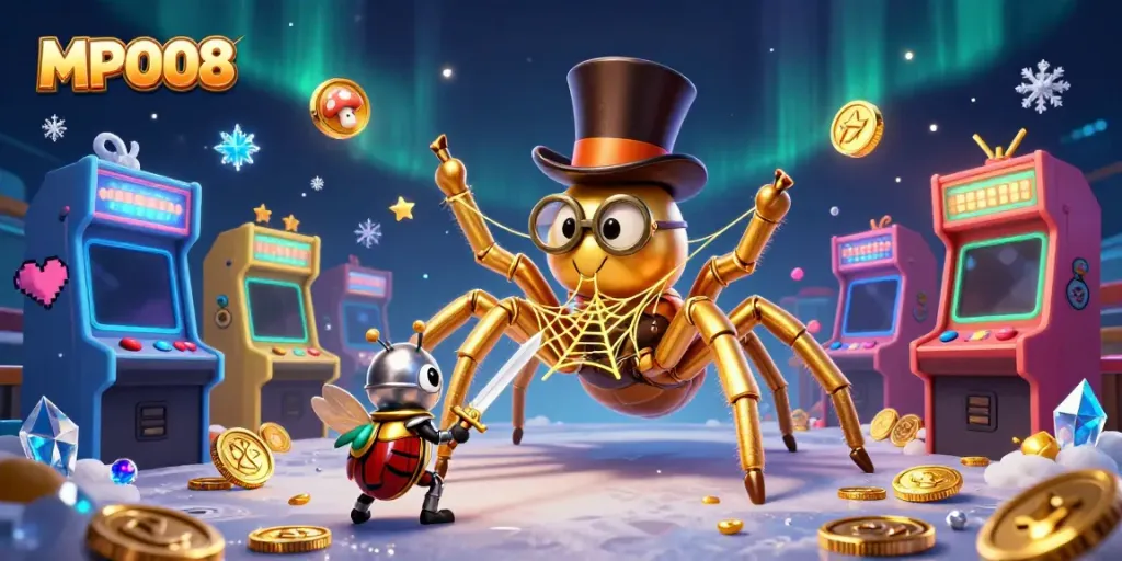 MPO08 showcases a dynamic scene with a golden tarantula, beetle knight, and gaming elements, perfect for attracting gamblers.