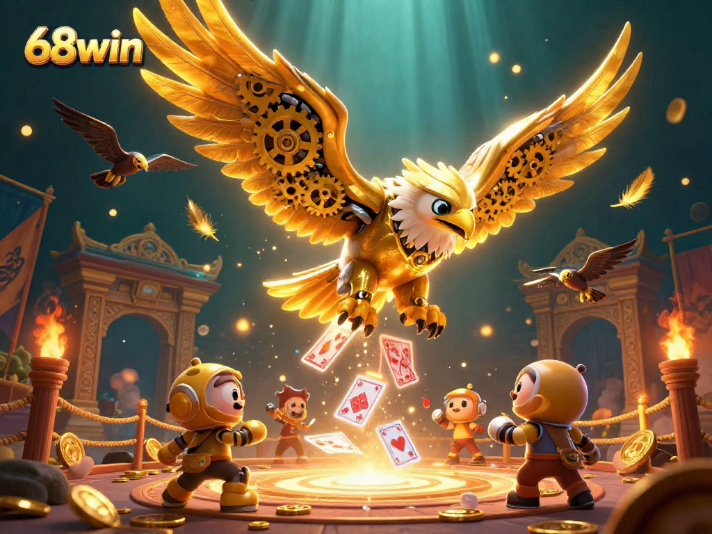 Experience the thrill of 68win with a dynamic scene showcasing golden eagle and holographic cards.