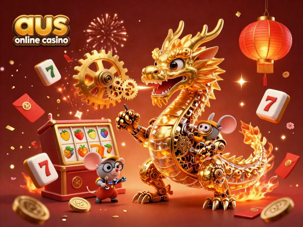 Experience thrilling gameplay at aus online casino with a golden dragon and slot reels in a festive atmosphere.