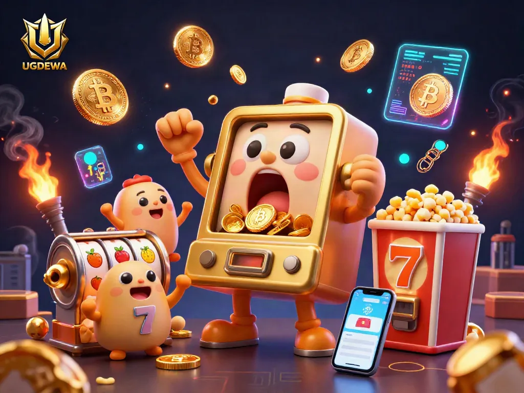 Spin and win with UGDEWA's golden slot machine pouring coins in a vibrant casino scene.