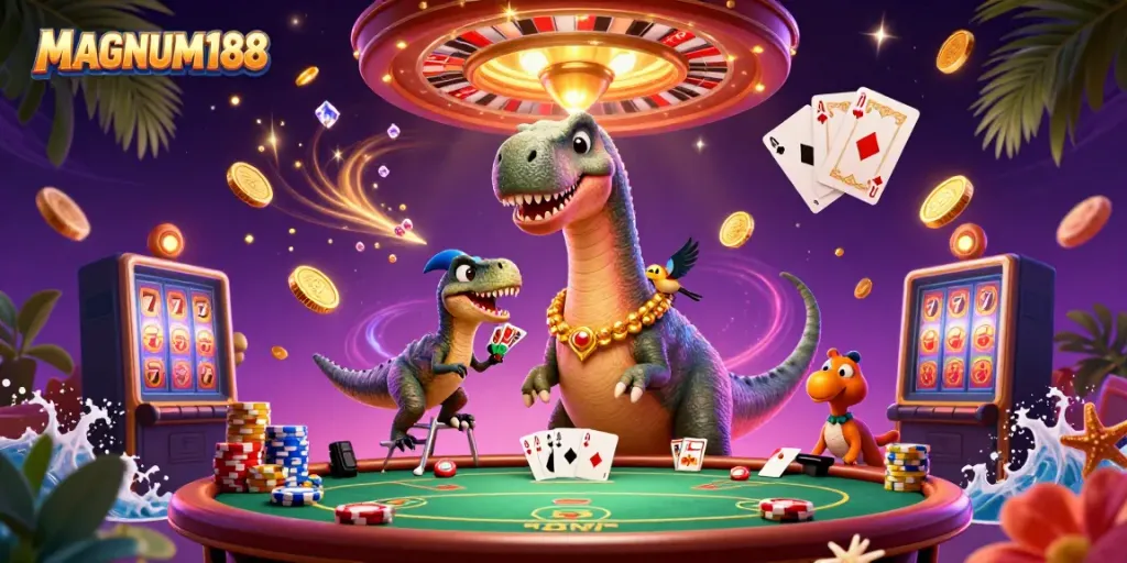 Experience the thrill of MAGNUM188 with a vibrant scene of a giant brontosaurus and a raptor dealer amidst casino excitement.