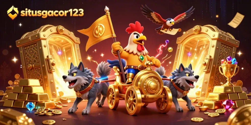 Engage in thrilling gaming adventures at situsgacor123 with a dynamic rooster warlord scene.