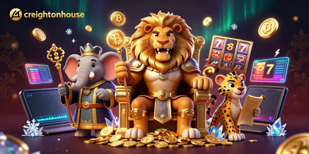 Engage in thrilling casino action at creightonhouse with a lion king on gold coin throne.