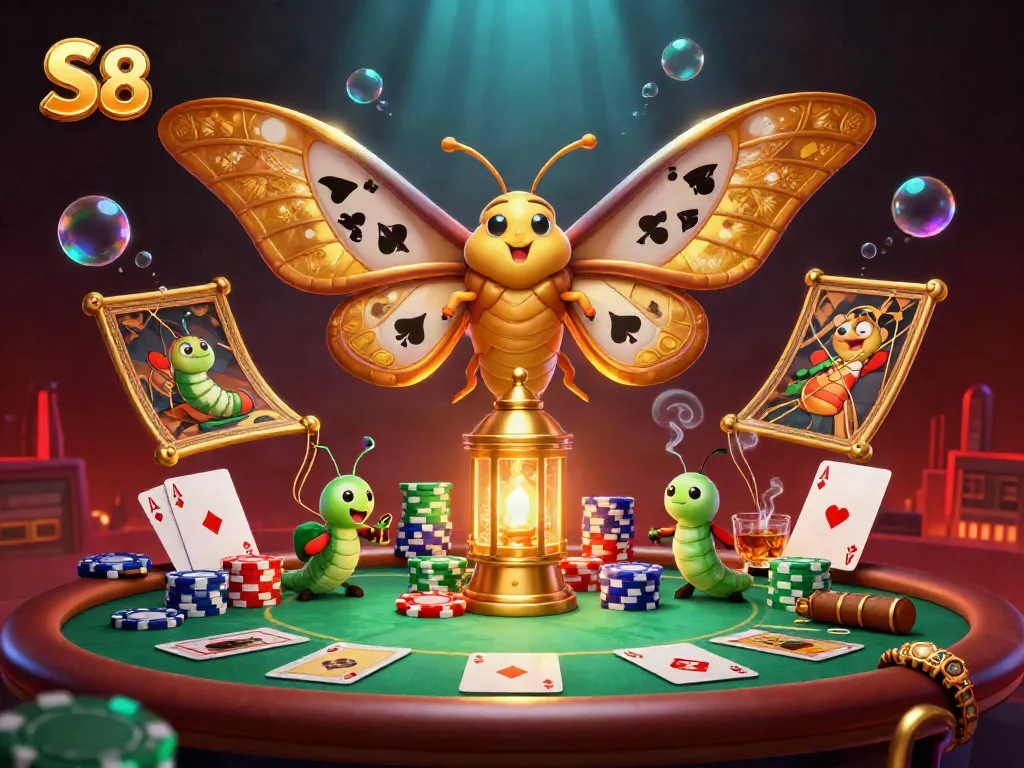 Engage in thrilling casino gameplay with S8, featuring a majestic moth and vibrant gaming elements.