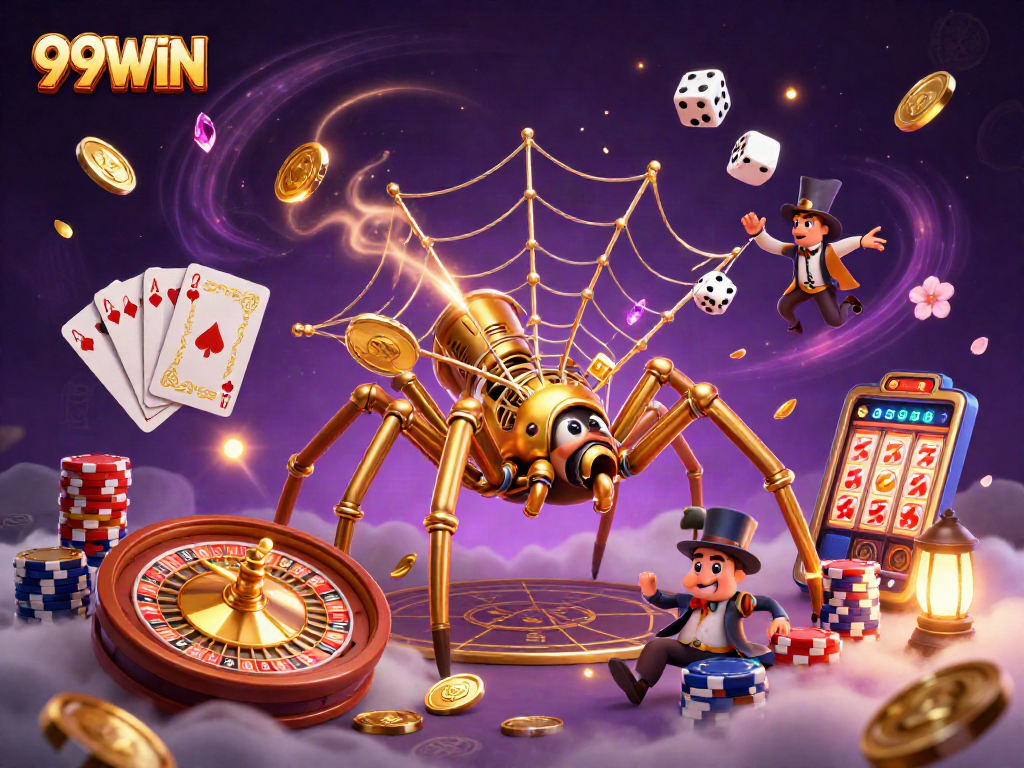 Catch the excitement of 99WIN with a steampunk spider in a vibrant casino scene.
