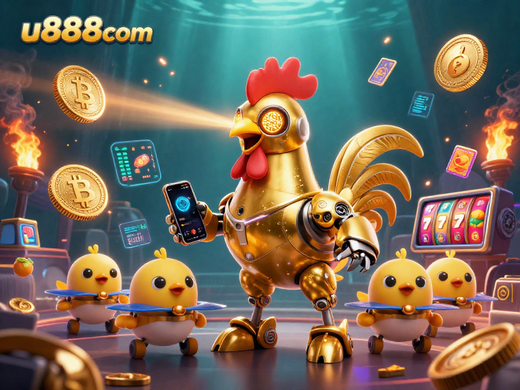 u888com showcases a vibrant 3D casino scene with a golden rooster robot and crypto elements.