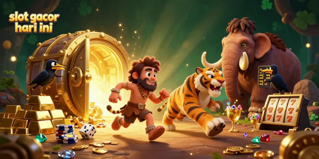 Engage with slot gacor hari ini at a vibrant prehistoric casino, featuring unique characters and treasure elements.