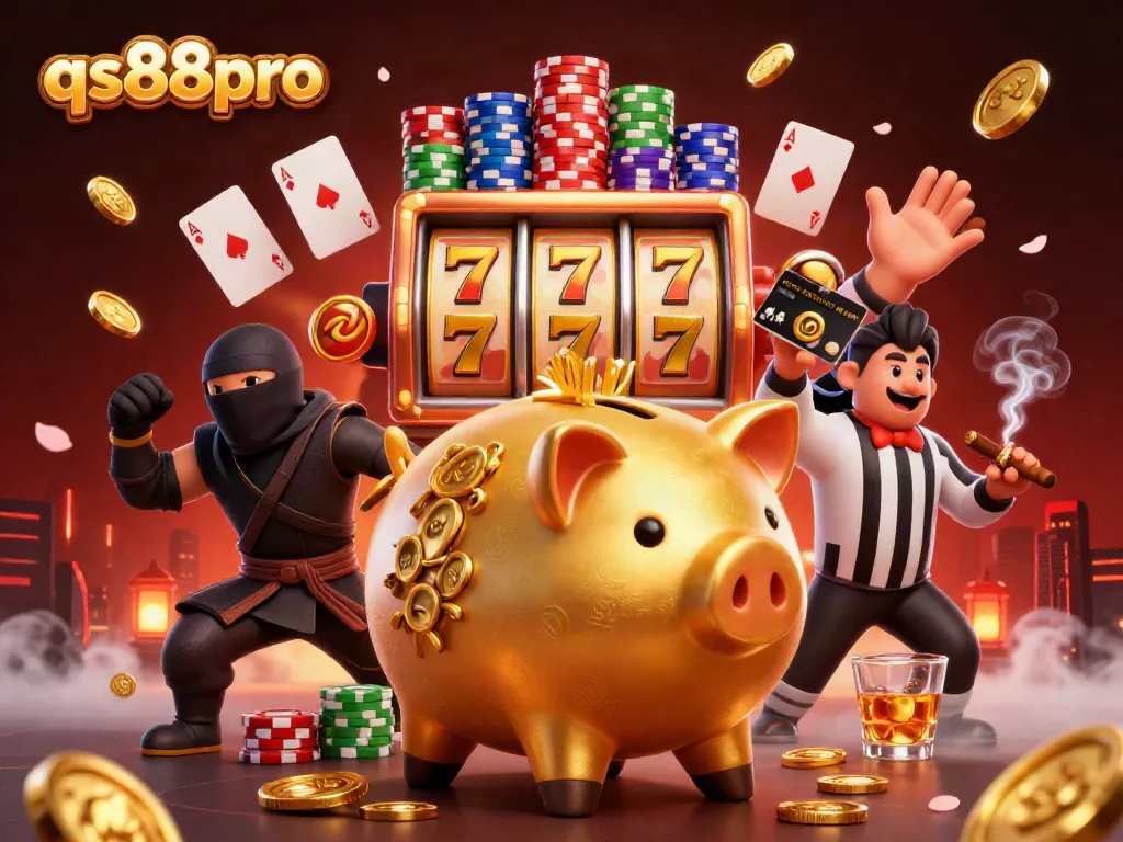 qs88pro's vibrant 3D scene showcases a golden piggy bank sumo wrestler amidst dynamic casino elements.