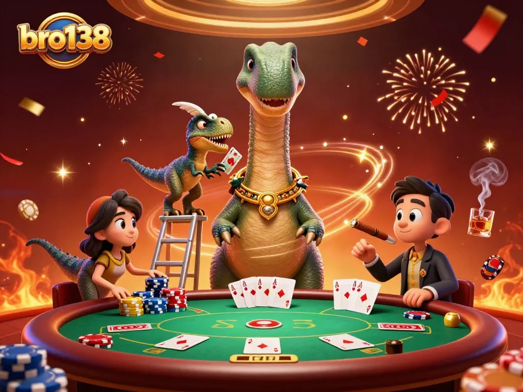 Players enjoy thrilling poker action at bro138 with a towering brontosaurus dealer above them.