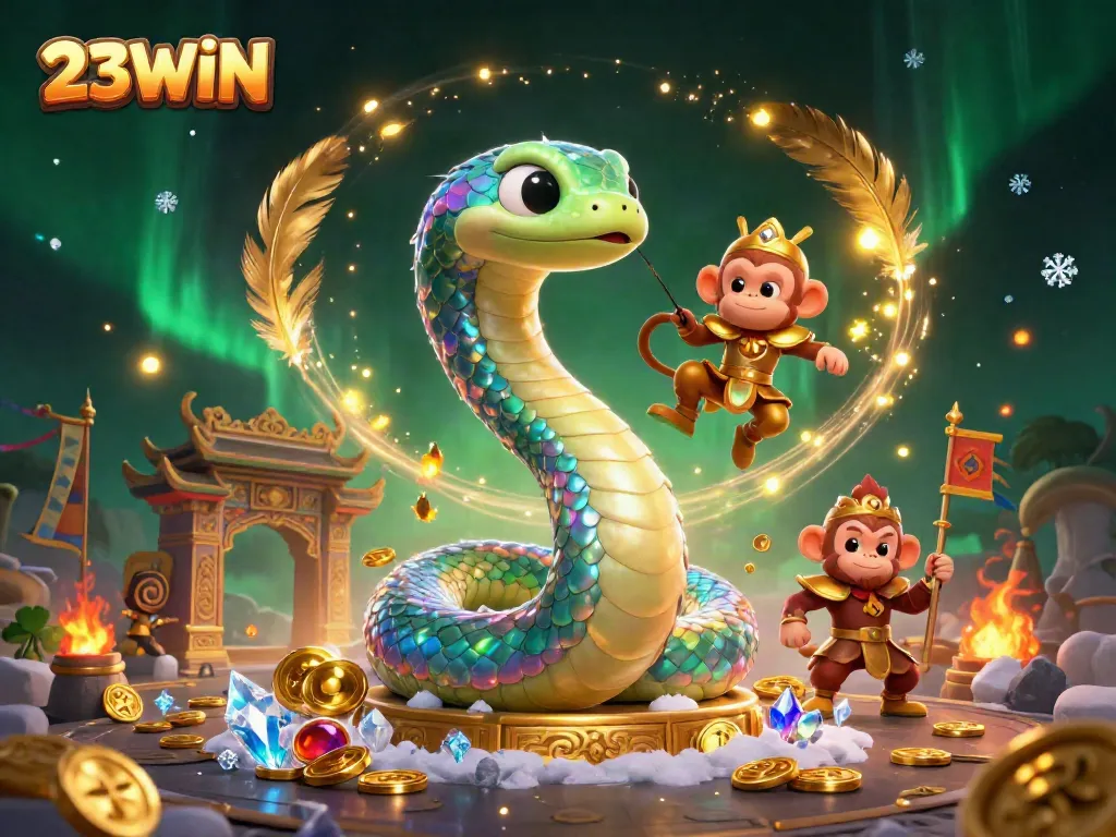 Experience the vibrancy of 23WIN with a magical scene featuring a rainbow serpent, a monkey king, and immersive casino elements.