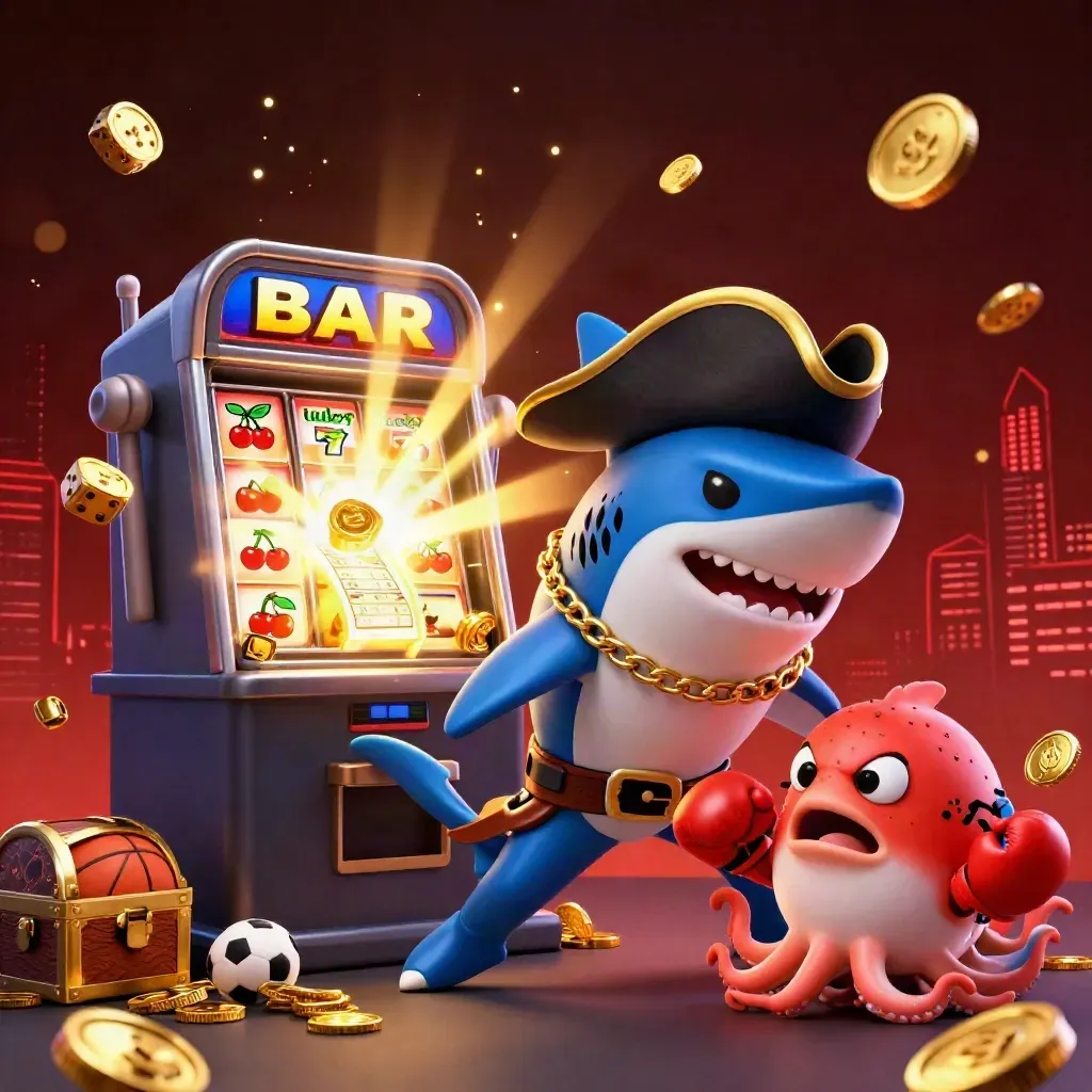 Shark pirate, pufferfish, and octopus amid slot bursts, coins, and sports props in neon casino glow