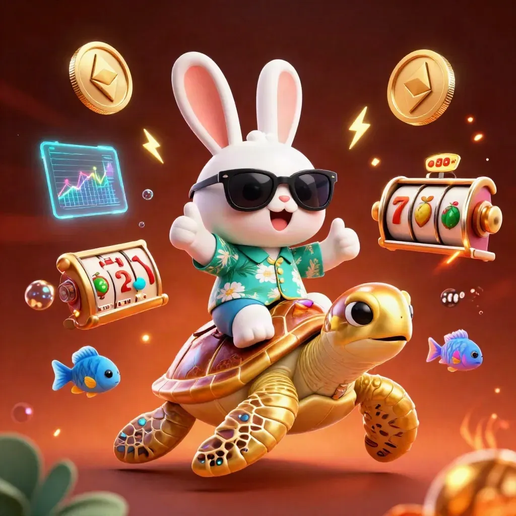 Lucky rabbit on a golden sea turtle, coins and neon effects bursting in a dark casino scene