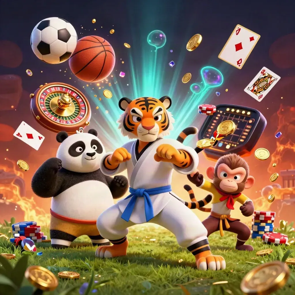 Tiger, panda, and monkey in a cinematic casino burst with coins, balls, and glowing chips.