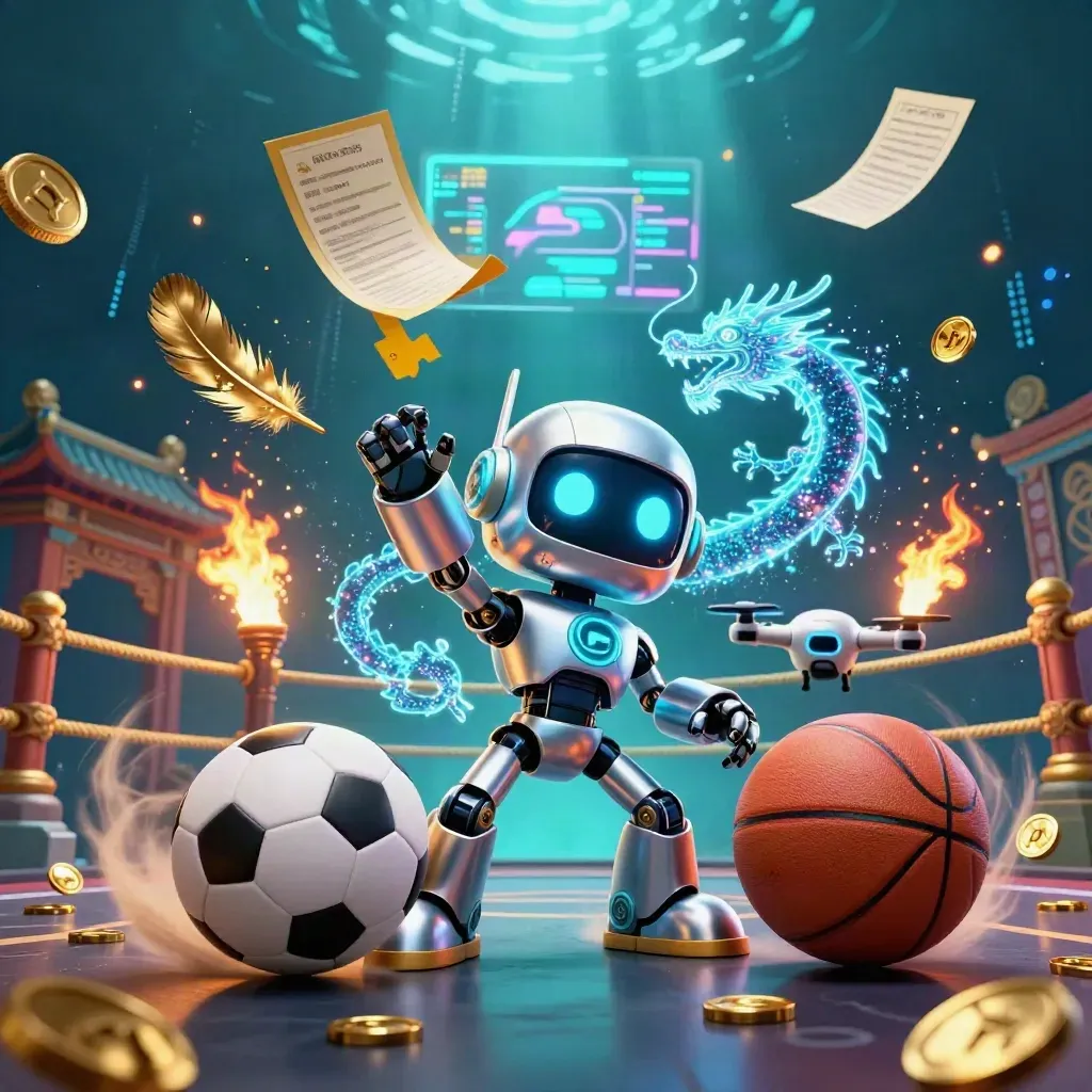 Cyberpunk robot, holographic dragon and drone burst with sports gear, coins and neon casino light.