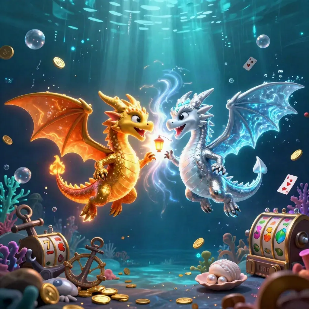 Twin gold and silver dragons in an underwater treasure burst with neon casino energy.