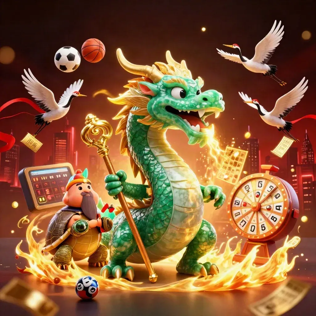 Emerald dragon, turtle sage, cranes, and casino icons burst in a red neon sky.