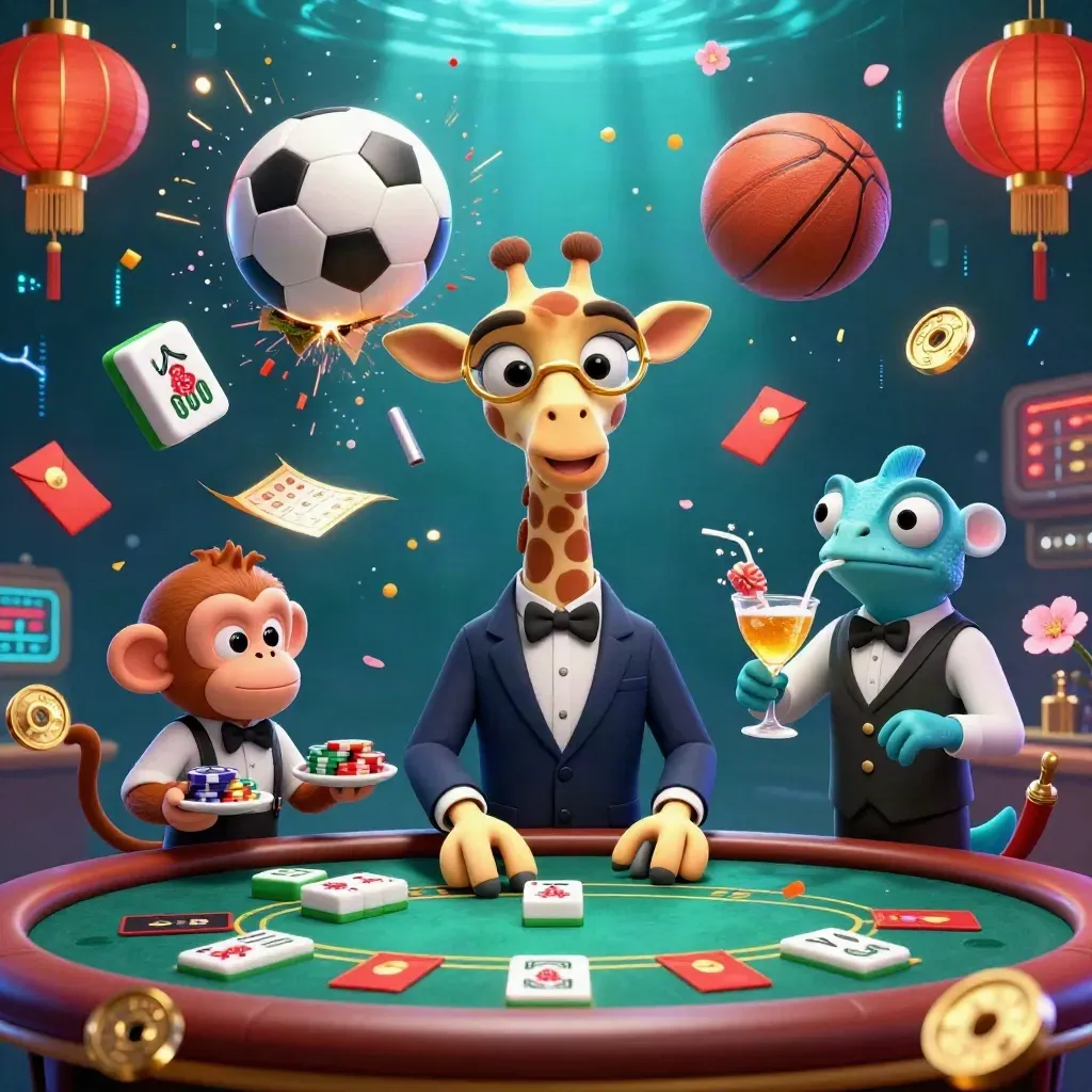 Giraffe, monkey, and chameleon in a luxe casino scene with flying balls, coins, and lanterns.