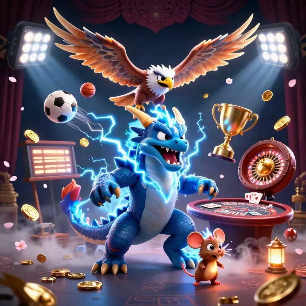 Thunder dragon, wind hawk, and static mouse amid casino luxury, sports lights, coins, and runes.