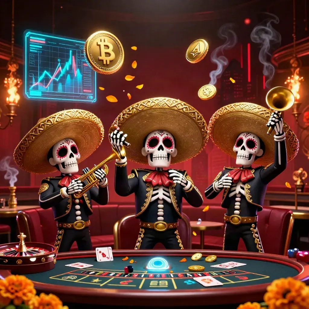 Skeleton mariachi trio in a neon casino with crypto effects, spinning roulette, and golden glow.
