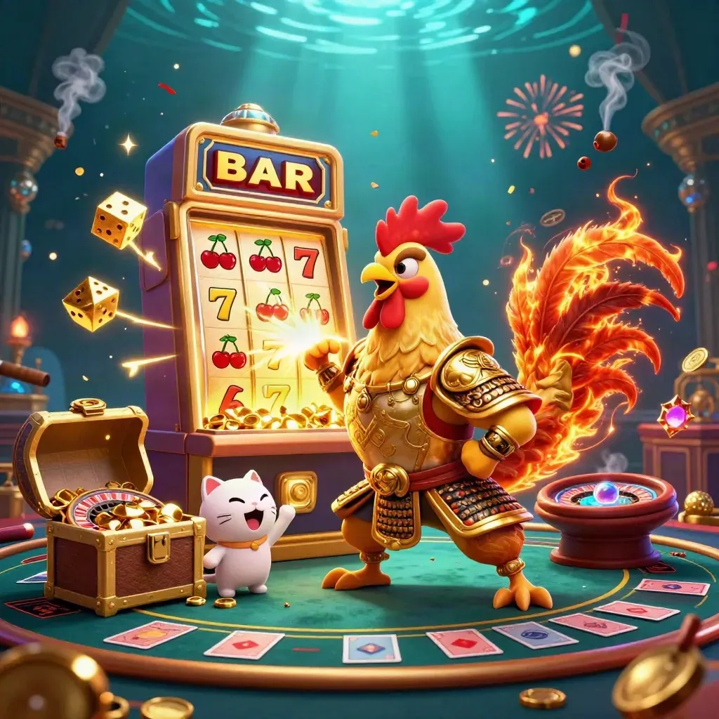 Rooster samurai, dragon hatchling, and fortune-cat amid a bursting slot machine in teal-gold glow.