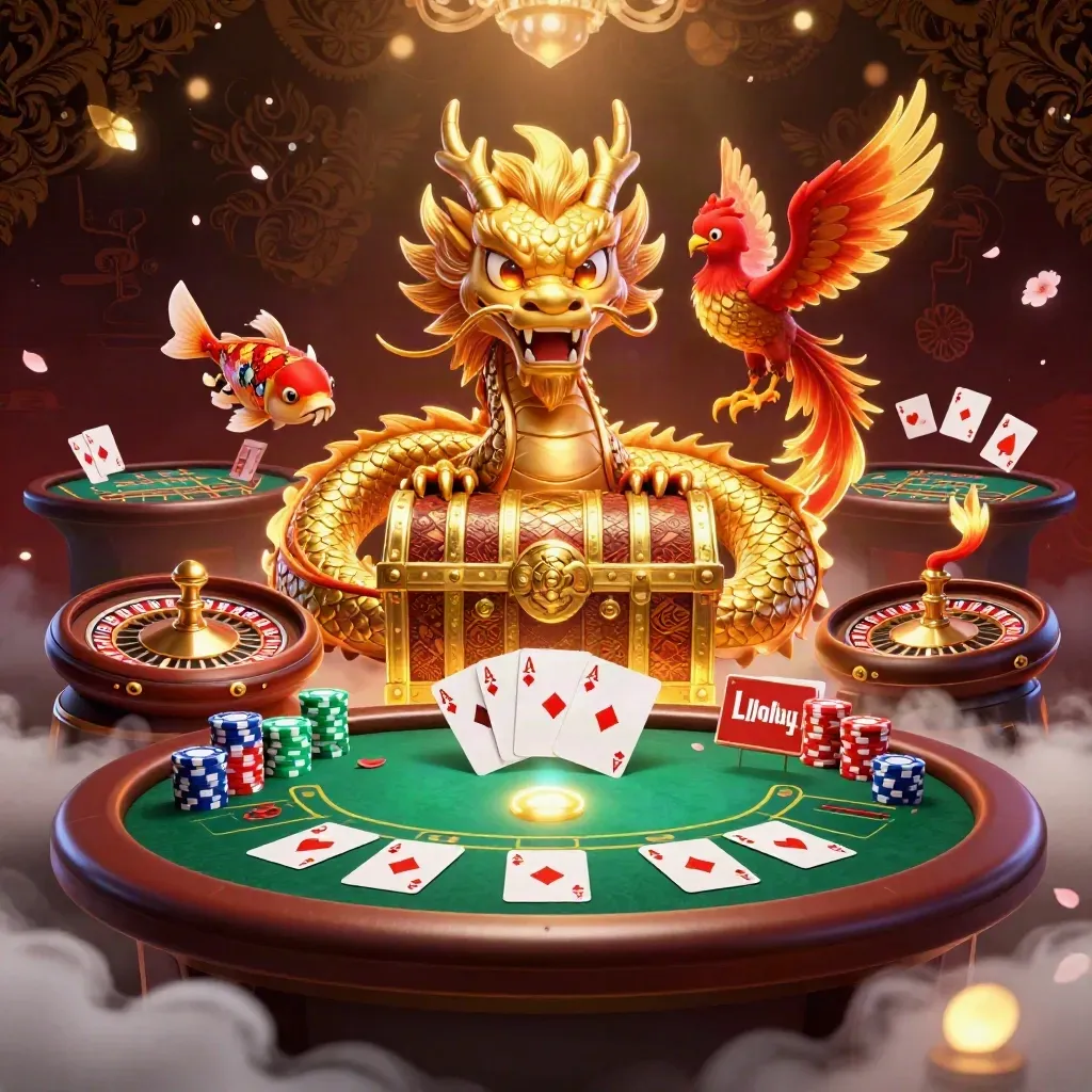 Golden dragon, phoenix and koi over casino table, cards, chips and roulette in cyan-gold glow.