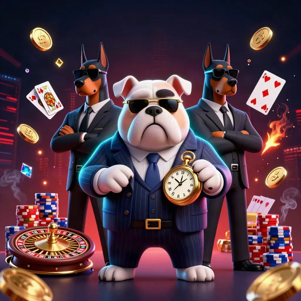 Bulldog mob boss and Doberman guards amid coins, chips, cards, and cyan casino energy.