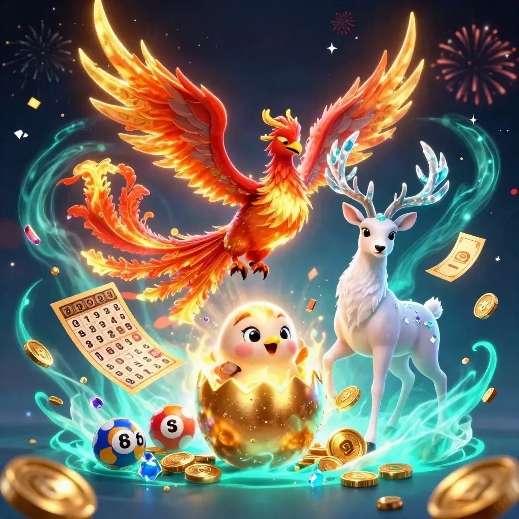Fire phoenix, baby phoenix, and crystal stag burst with gems, tickets, and cyan casino glow