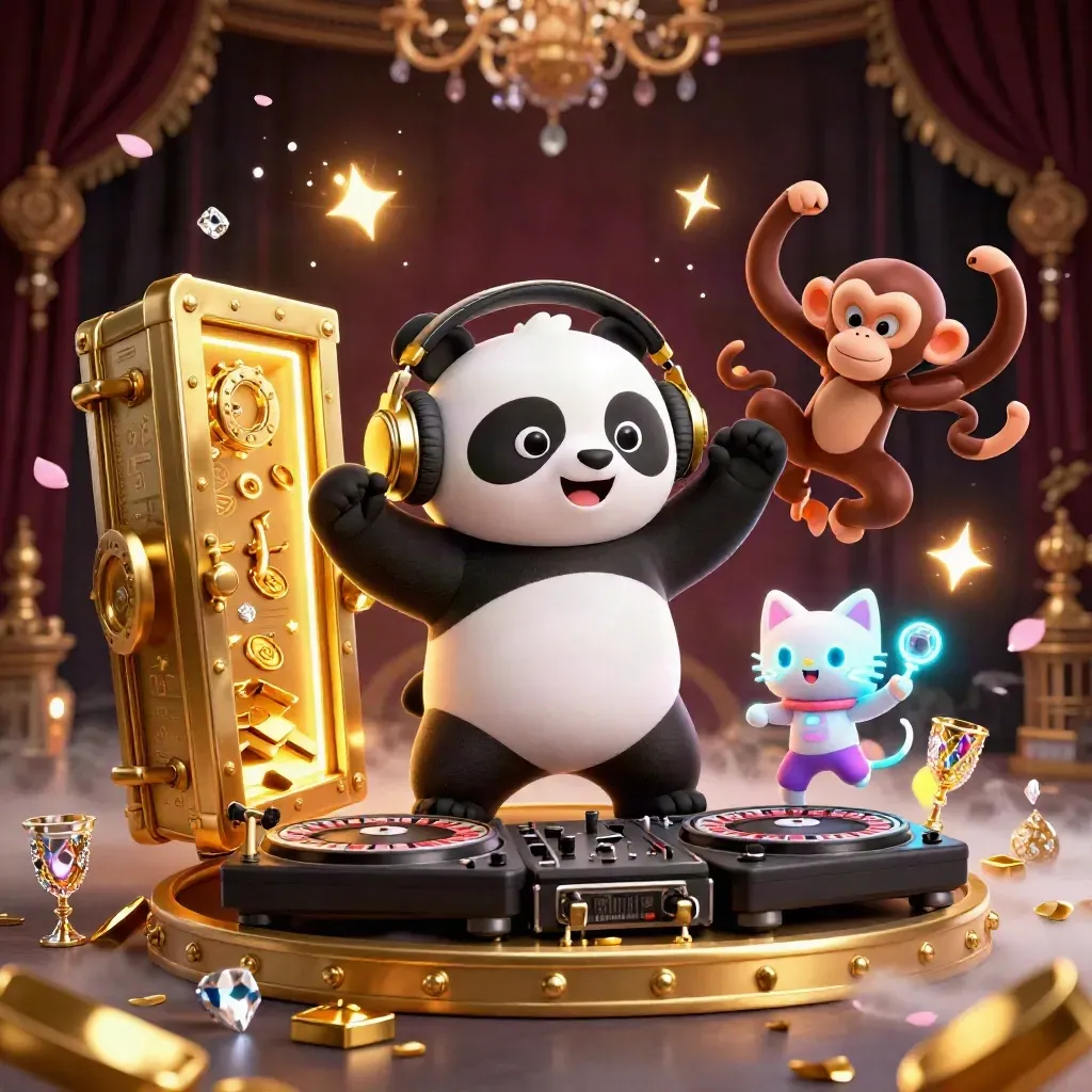 Panda DJ, monkey, and glow-stick kitten burst from a treasure vault in cyan casino light.