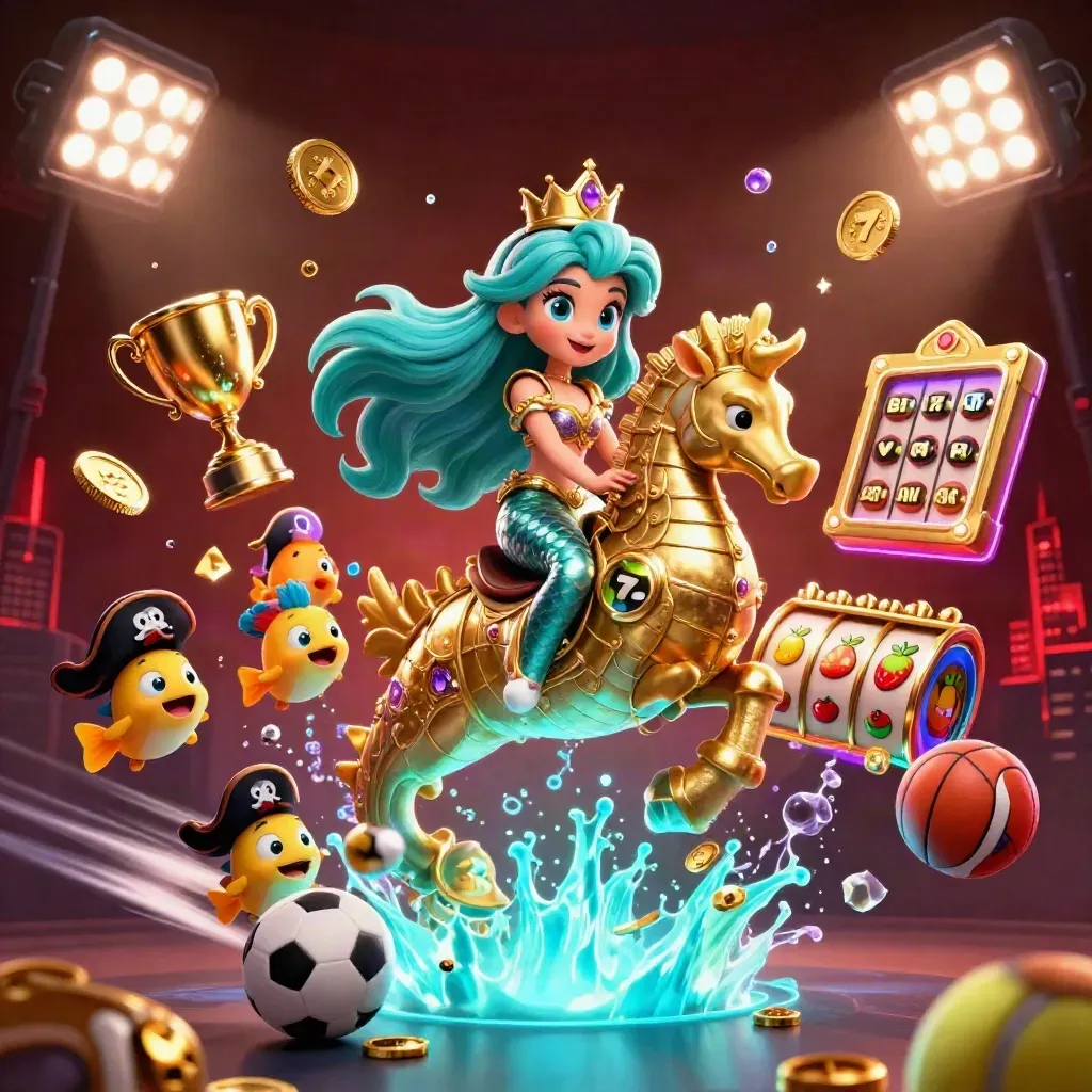 Mermaid princess riding armored seahorse amid treasure, fish, balls, and neon casino effects.