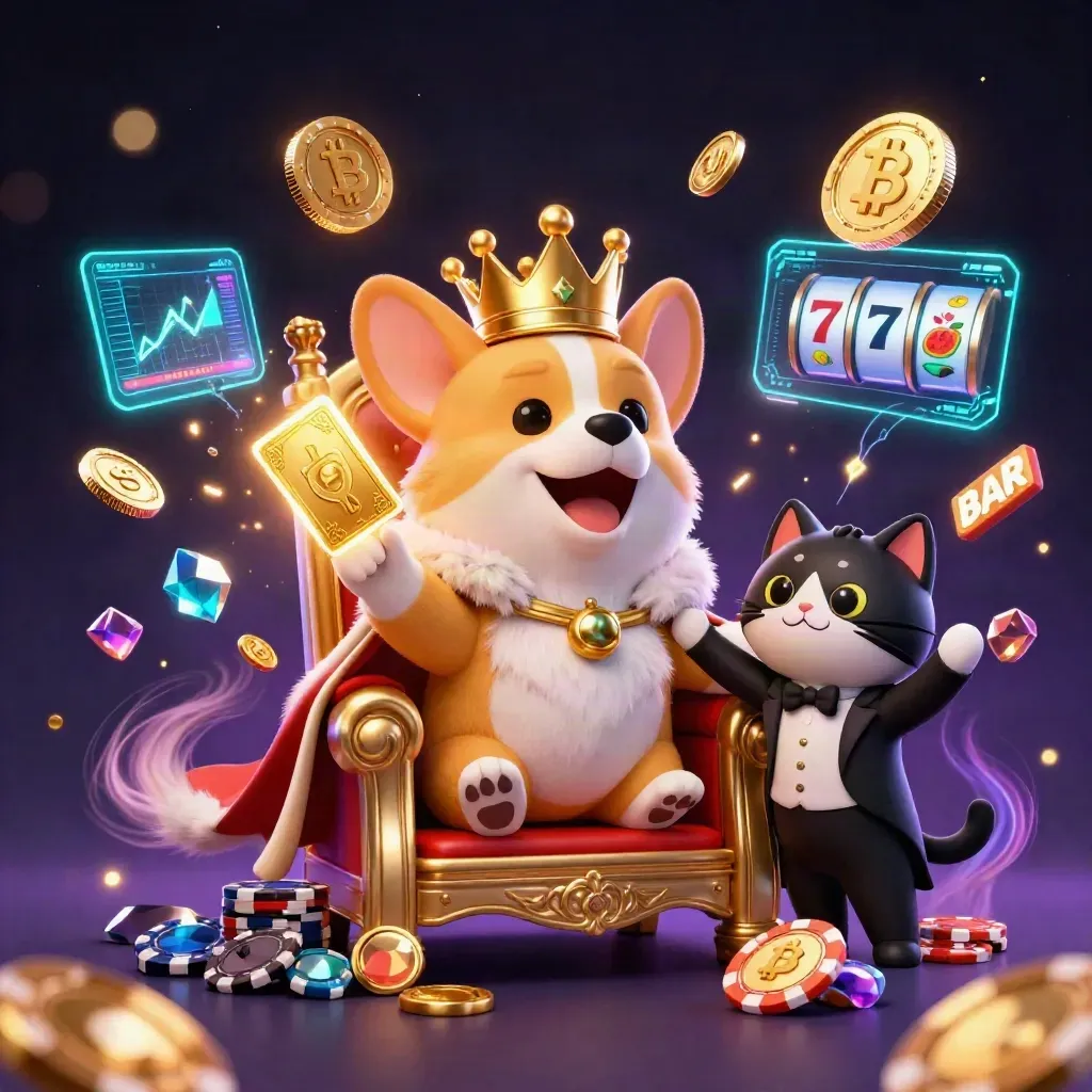 Crowned corgi and cat butler amid cyan crypto coins, gems, lightning, and casino symbols.