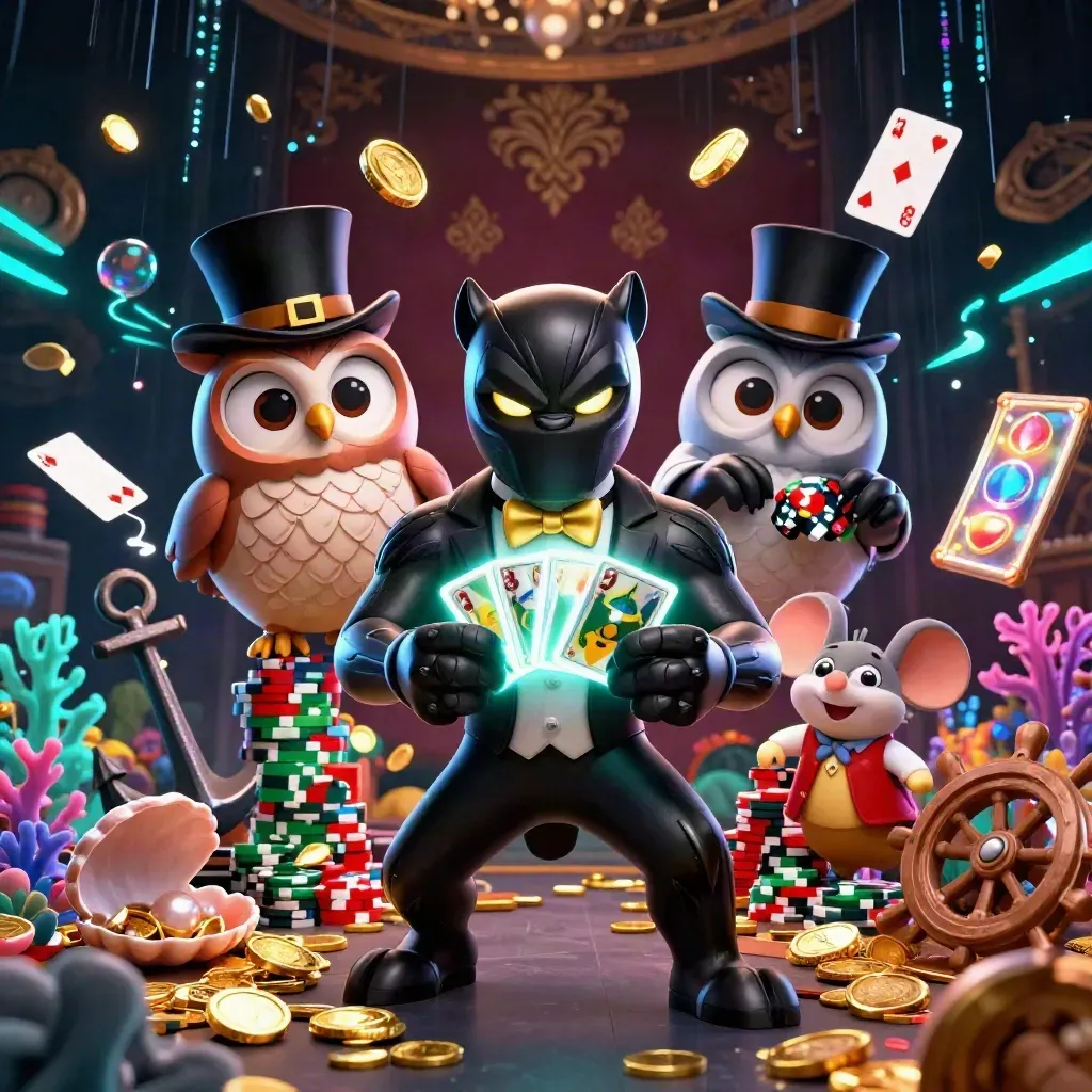 Panther, owl, and mouse amid cyan treasure bursts, gold coins, coral, and casino shimmer