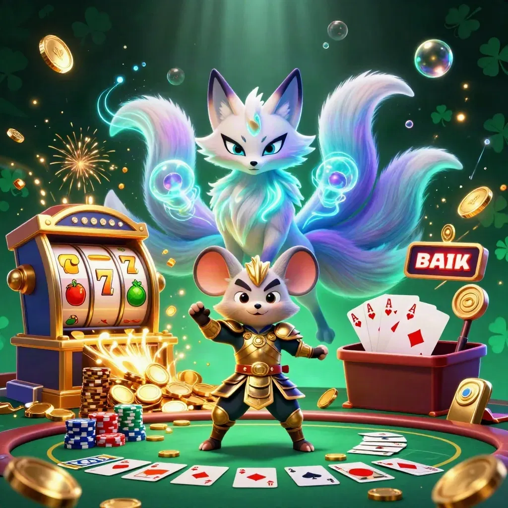 Fox spirit and samurai mouse amid casino riches, coins, reels, chips, fireworks, and glowing loot.