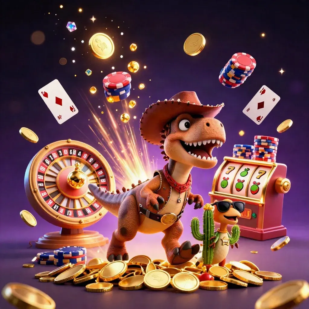 Cowboy T-Rex, cactus, and roadrunner amid flying coins, chips, roulette, and casino glow.