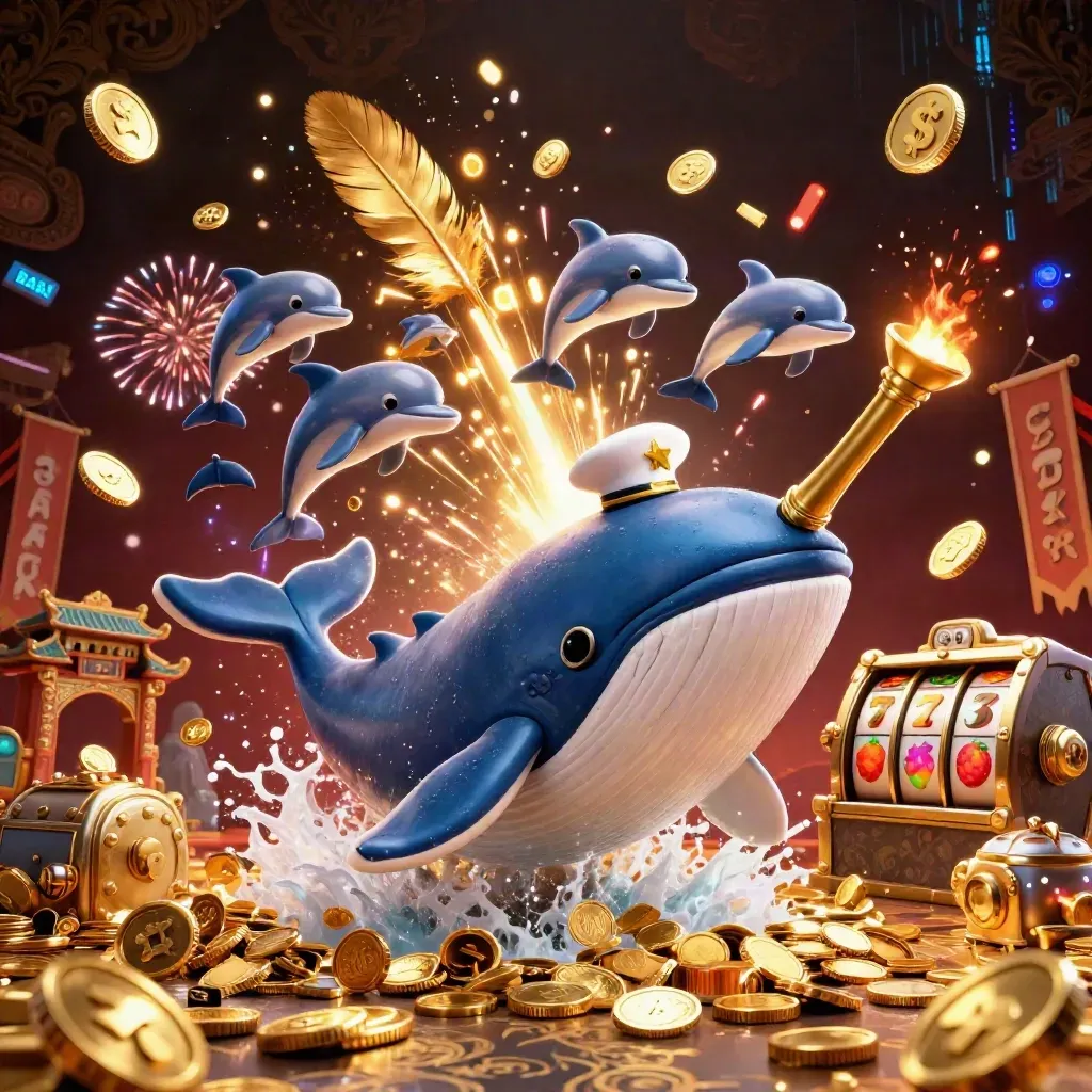 Cartoon whale, narwhal and dolphins burst from coins with casino reels, fireworks and golden energy