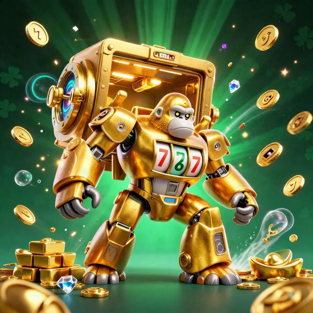 Golden gorilla mech and monkey pilot burst from a vault with coins, gems, and fireworks.