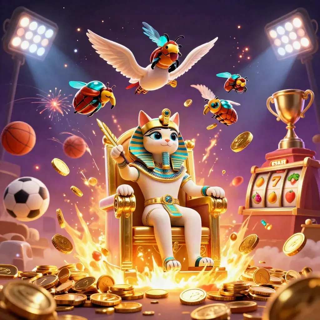 Pharaoh cat, ibis scribe, and gem-wing scarabs amid coins, fireworks, sports balls, and slot reels