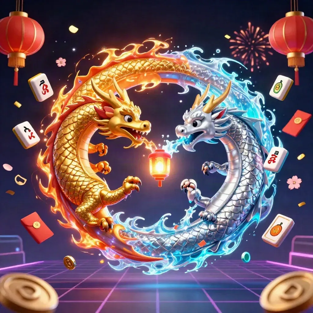 Gold and silver dragons swirl with lanterns, coins, 7s, and fireworks in neon casino glow.