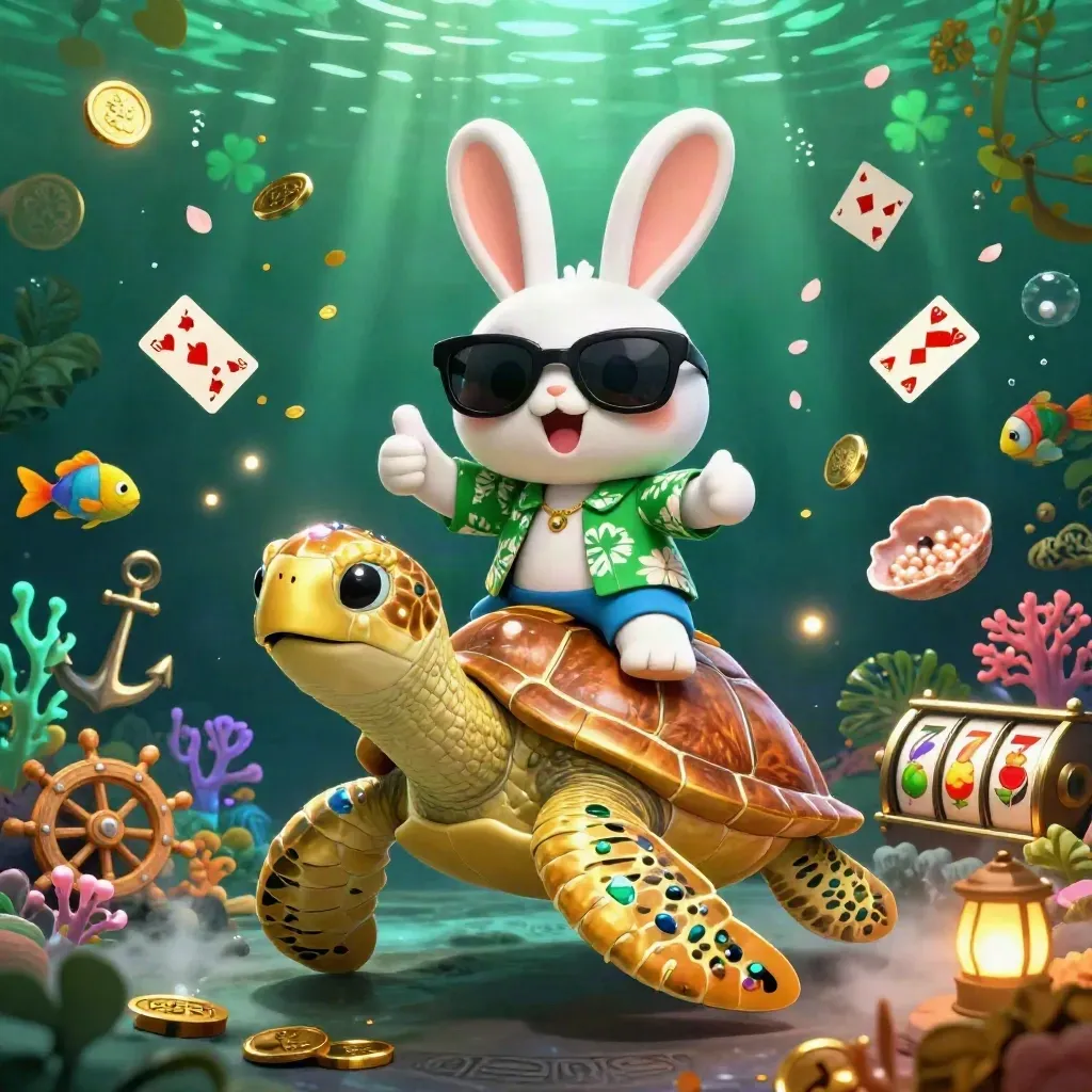 Lucky rabbit rides a golden turtle through a glowing slot treasure cove.