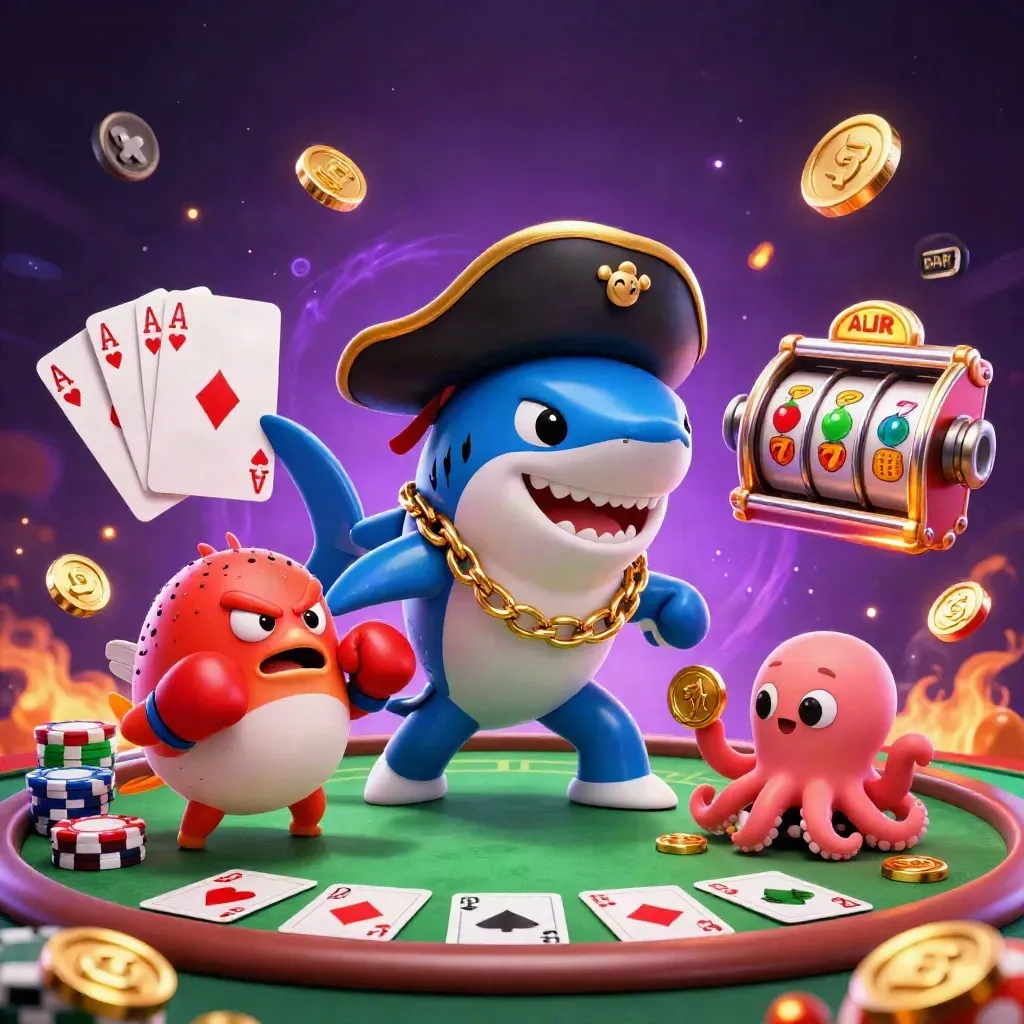 Pirate shark, boxing pufferfish, and coin-juggling octopus in a neon casino burst.