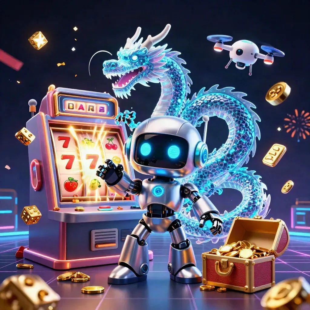 Robot mascot, holographic dragon, and coin drone amid exploding slots and gold