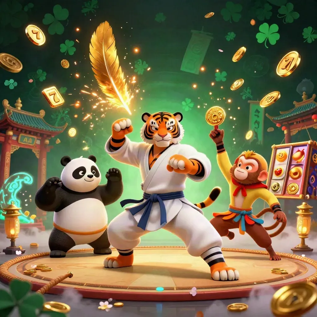 Kung-fu tiger, panda, and monkey amid slot symbols, coins, and temple glow in a neon casino scene.