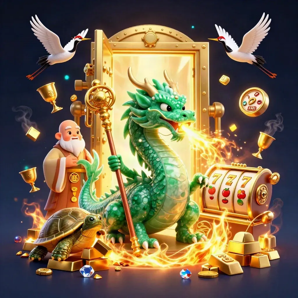 Jade dragon, turtle sage, and cranes amid gold vault, reels, and cyan-lit casino magic