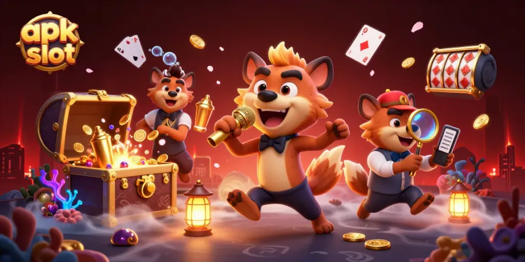 Engage in exciting apk slot adventures amidst vibrant casino scenes with playful hyenas and rich game elements.